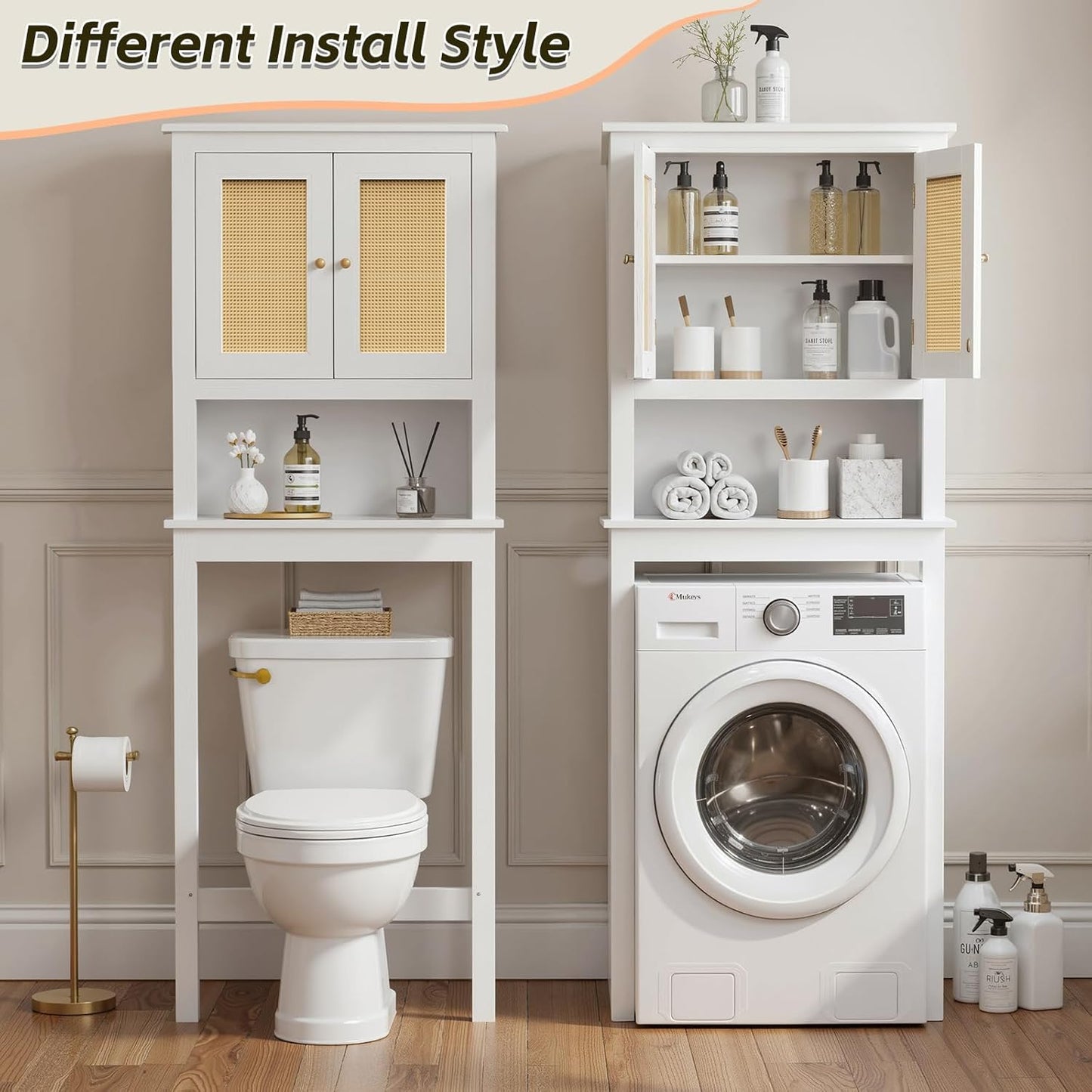 Over The Toilet Storage Cabinet, Behind Toilet Bathroom Organizer with Adjustable Shelves, Above Toilet Organizers with Rattan Door, Space Saver for Restroom, Bathroom, Laundry