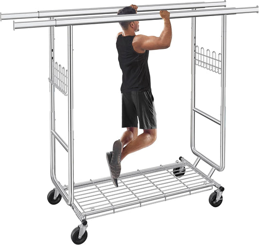Heavy Duty Clothes Rack Load 620 Lbs, Double Rod Rolling Clothing Rack With Sturdy Wheel And Shelves，Adjustable Portable Hanging Rack For Clothes,Silver Stainless Steel