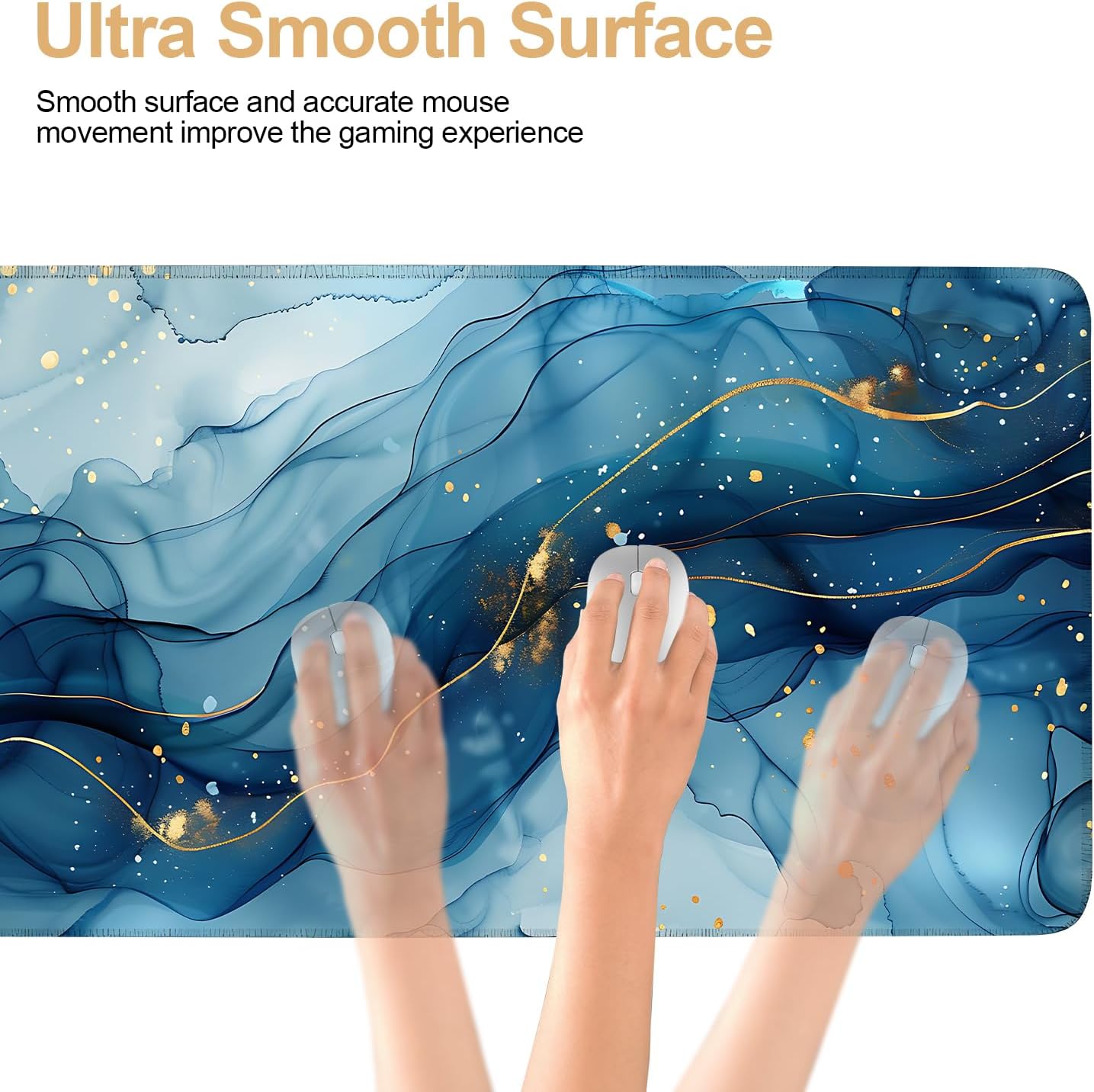 Large Mouse Pad, Blue Abstract Marble Desk Mat, Extended Gaming Mouse Pad with Non-Slip Rubber Base, Thick 3mm Smooth Surface Keyboard Mat for Office & Home,35.5 x 15.8 in