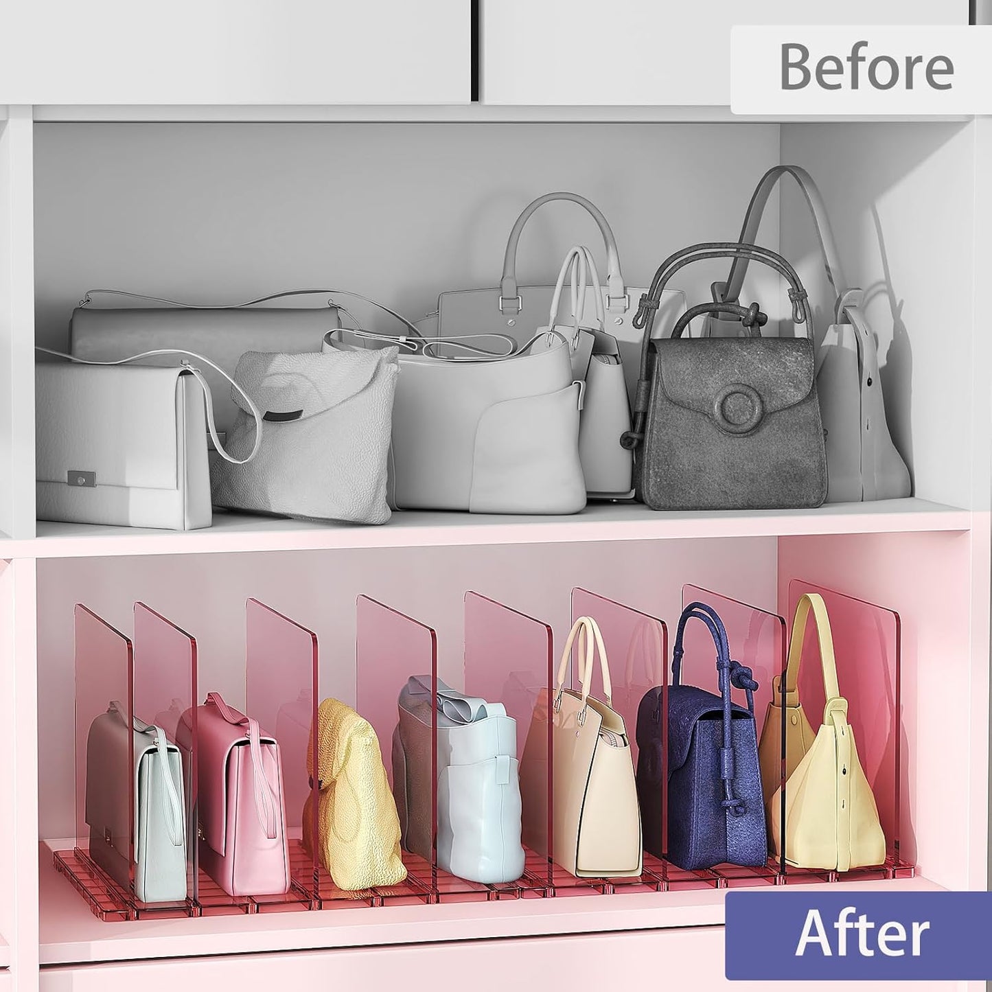 Purse Organizer for Closet: Shelf Dividers Adjustable Acrylic Bag Closet Organizers and Storage Pink 4 Bases 14 Shelves
