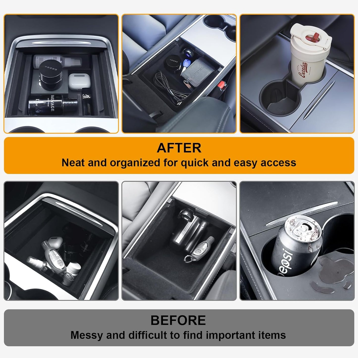 Center Console Organizer Tray for Tesla Model Y 2020-2024(Not Fit Model Y 2025 Juniper), 6PCS Interior Accessories with Armrest Storage Tray, Hidden Storage Box, Cup Holder Insert, Under Seat Box