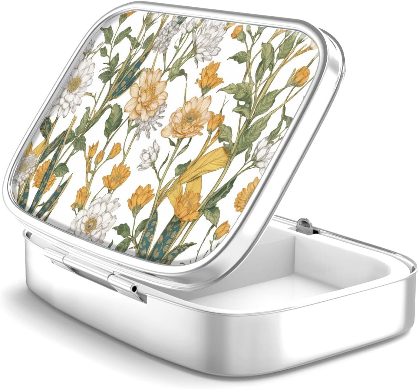 2 Compartment Pill Box, Portable for Pocket or Handbag, Decorative Metal Pill Box, Vitamin Organizer, Unique Gift (1 Piece, 39-Flowers Pinck)