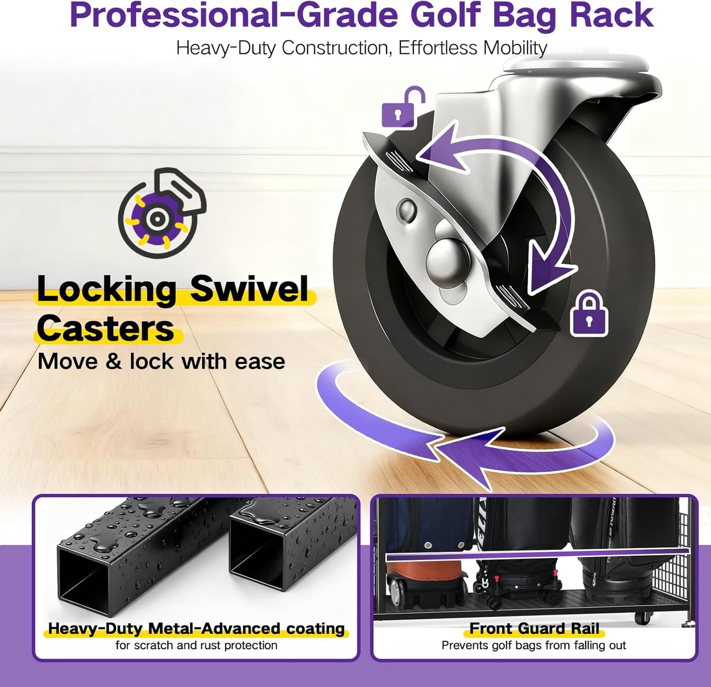 Golf Bag Storage Garage Organizer, Golf Bag Storage Stand and Other Golfing Equipment Accessories Rack, Golf Bag Storage Rack with Wheels, Golf Organizer for Home, Garage, Club, Shed, Basement