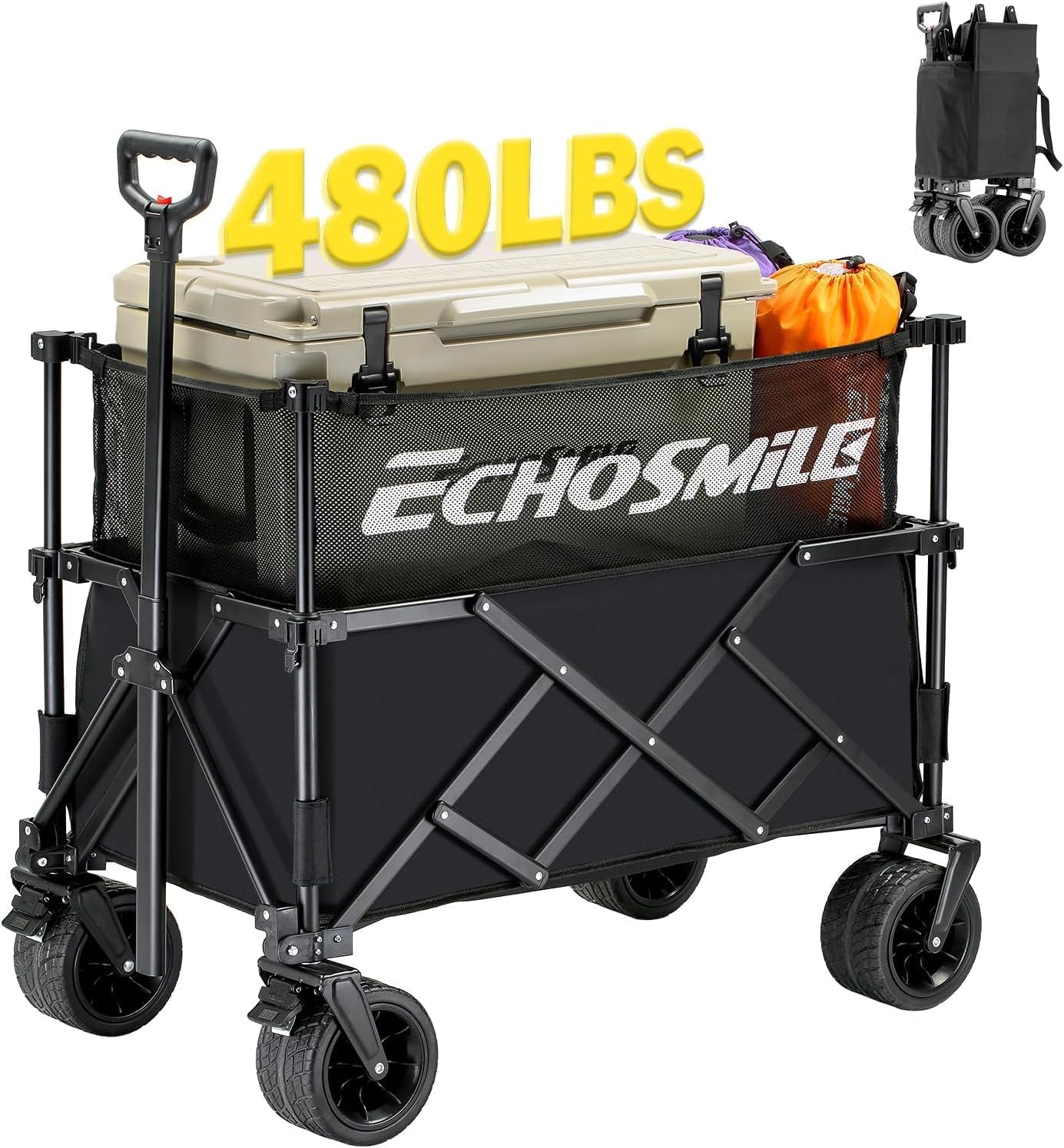 EchoSmile Collapsible Folding Wagon Cart with Mesh Fabric - 480lbs Capacity 2-in-1 Heavy Duty Utility Wagon for Camping, Beach, Grocery &Shopping