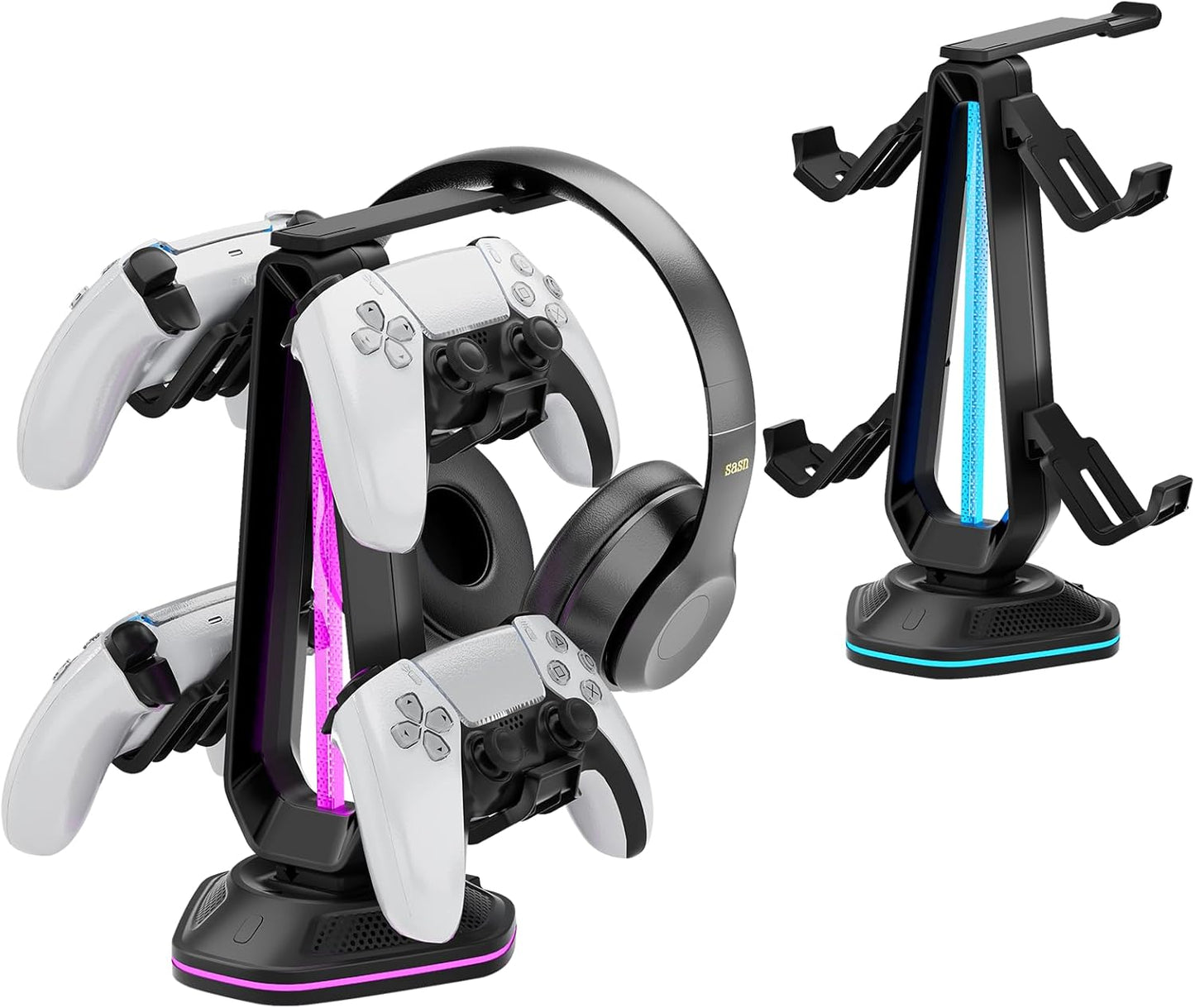 Saitake RGB Controller Holder with 9 Light Modes,Controller Stand with 2 USB Ports,Headset Stand for Desk-Headphone Holder Suitable for All Headphones and Controllers
