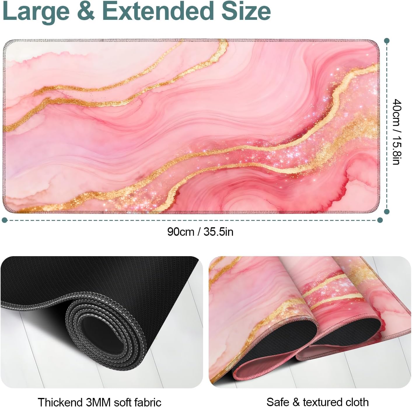 Pink and Gold Stripes Gaming Mouse Pad 35.4"x15.7"Desk Mat Anti-Slip Rubber Base & Durable Stitched Edges for Gamers Smooth Mouse Writing Surface for Desk Office/Home
