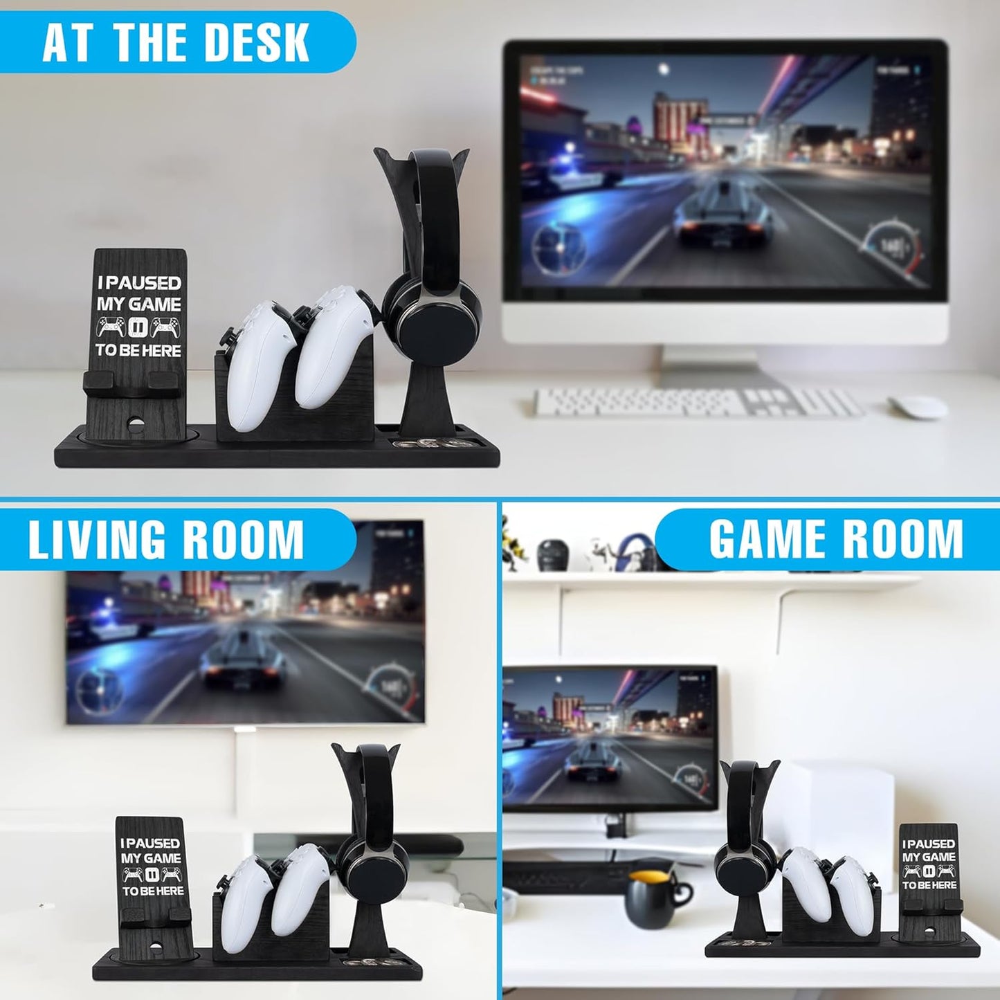 Gaming Accessories Organizer with Headphone Holder, Rotatable Phone Stand & Controller Stand - Unique Gamer Gifts Controllers Holders Gaming Equipment, Gifts for Gamers Controller Holder