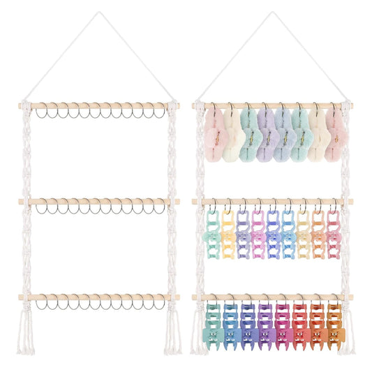 SNOWSTAR Macrame Hair Claw Clip Organizer with 30 Metal Rings,Hanging Hair Clip Holder and Storage for Women Girls,Claw Clips Hanger Home Decor for Wall,Door,Closet