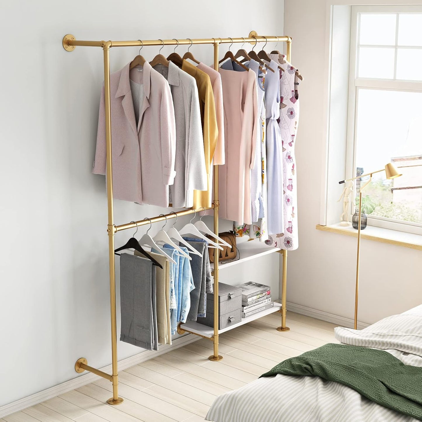 Gold Pipe Clothes Racks with White Shelves, Industrial Pipe Gold Clothing Rack with Double Hanging Rods, Heavy Duty Wall Mounted Clothing Rack Rod for Closet Storage, Bedroom