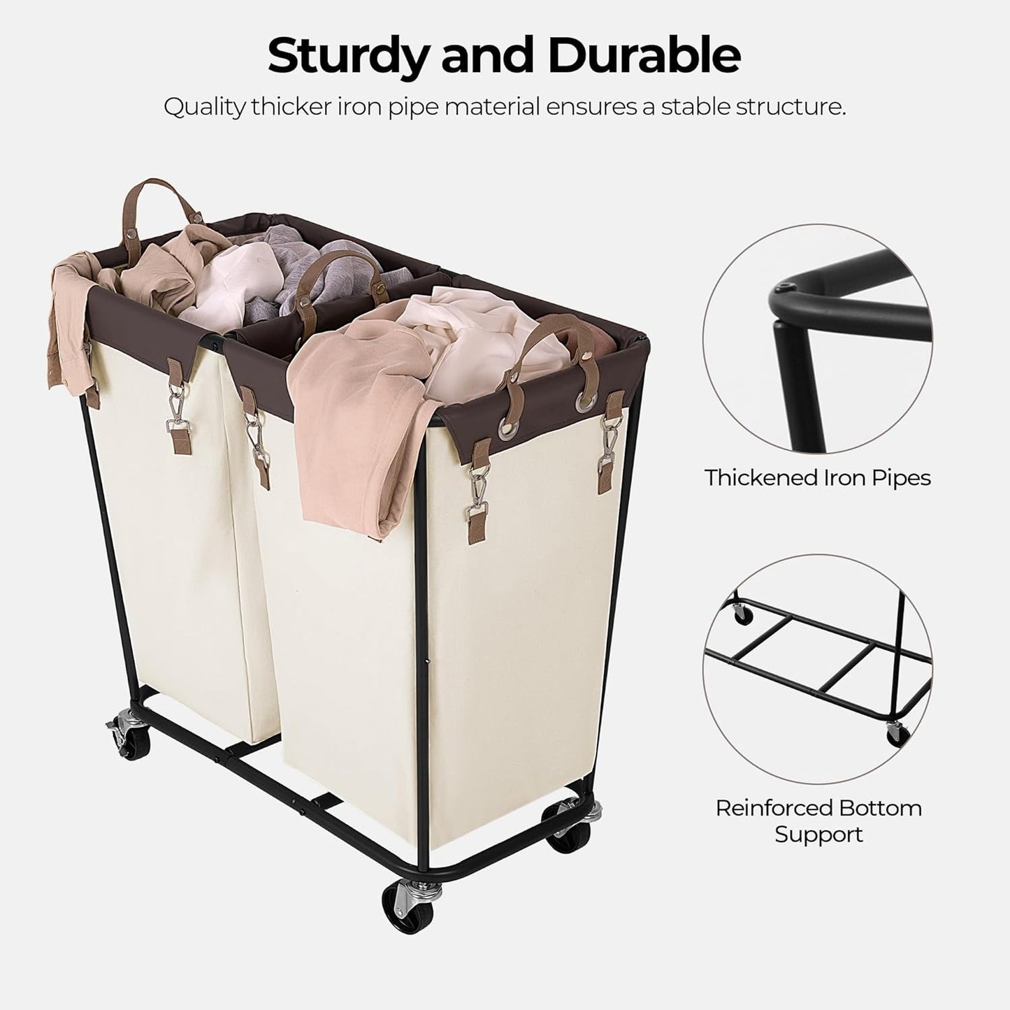 StorageWorks 280L Large Lanudry Hamper with Wheels, Laundry Basket with Wheels 2 Sections, Clothes Sorter Cart with Divider for Hotel, Home, Beige, 1-Pack