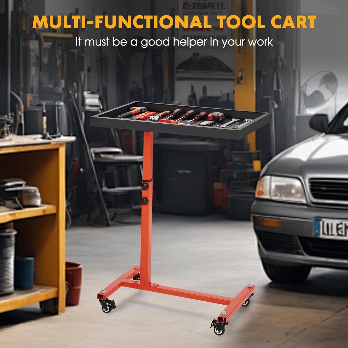 Adjustable Work Table with Wheels, Mechanic Rolling Tool Tray Table for Garage Repair Shops DIY, 220LBS Capacity Mobile Heavy Duty Steel Tool Cart (Orange)