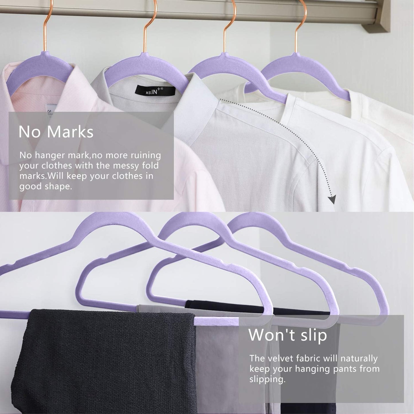 MIZGI Premium Velvet Hangers (50 Pack) Heavy Duty - Non Slip Felt Hangers - Velvet Suit Hanger Light Purple - Rose Gold Hooks,Space Saving Clothes Hanger