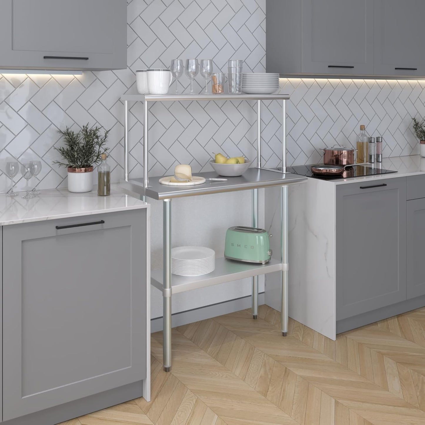 Stainless Steel Work Table with Wide Single Tier Overshelf | Metal Kitchen Prep Table & Shelving Combo (18" x 36" Work Table + 12" Overshelf)