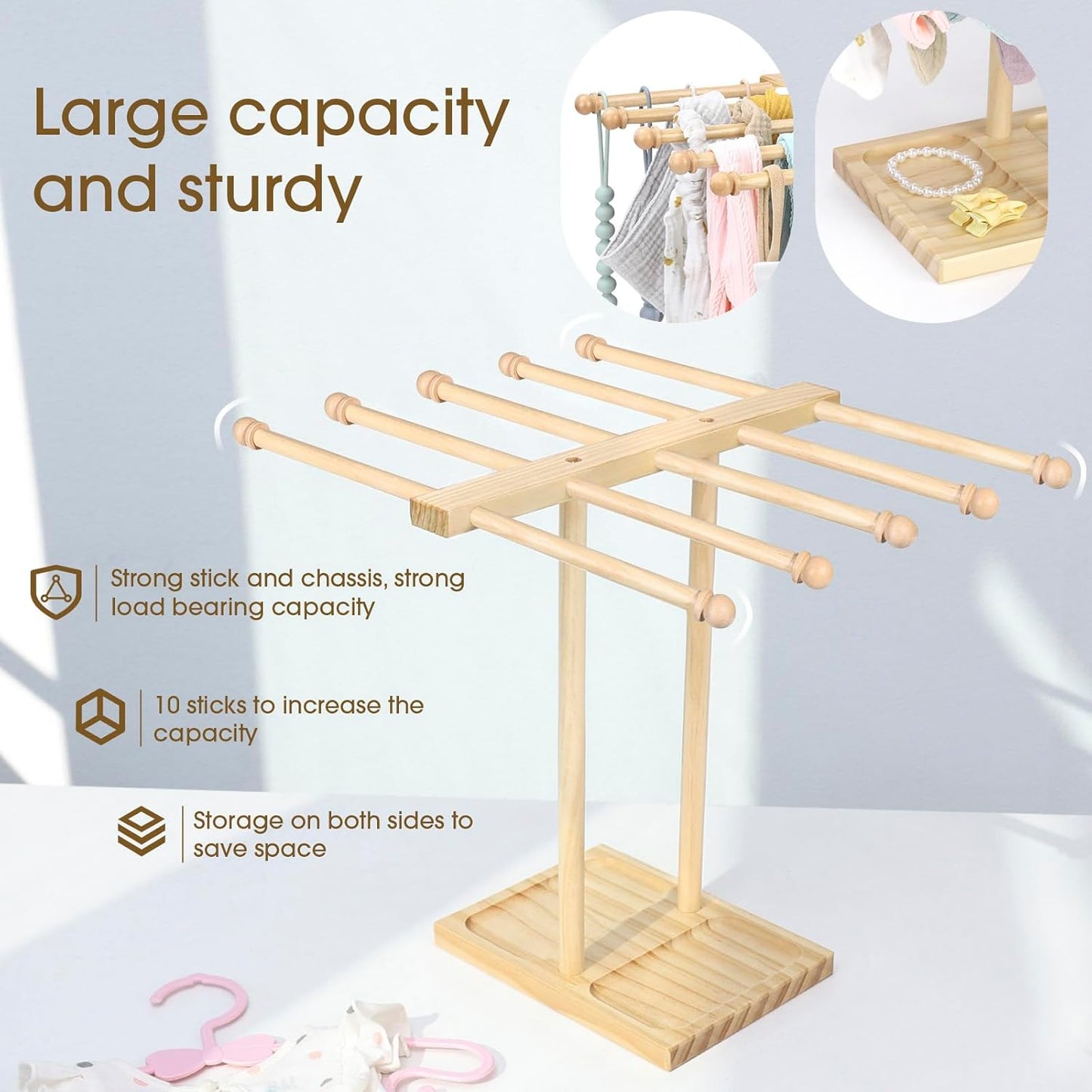 POVETIRE Headband Holder Stand Bow Organizer for Girls, 5 Row Wooden Bow Holder for Girls Hair Bows,Baby Headband Storage Infant Hair Accessories Rack Display for Nursery Decor