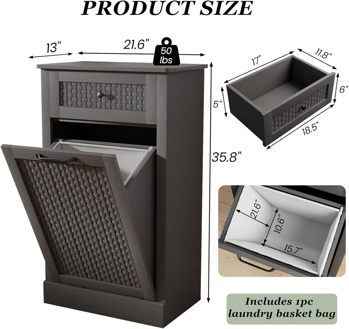 Tilt Out Laundry Hamper Cabinet,10 Gallon Laundry Cabinet with Drawers ＆ Hidden Baskets, Farmhouse Laundry Storage Basket for Laundry Room, Bathroom, Kitchen,Gray