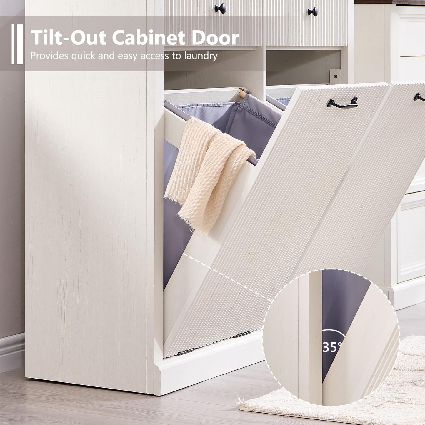 Modern Double Tilt-Out Laundry Hamper Cabinet, 20 Gallon Fluted Trash Can Cabinet w/2 Drawers, Wooden Hidden Garbage Can Cabinets with Laundry Basket, for Bathroom and Kitchen, Antique White