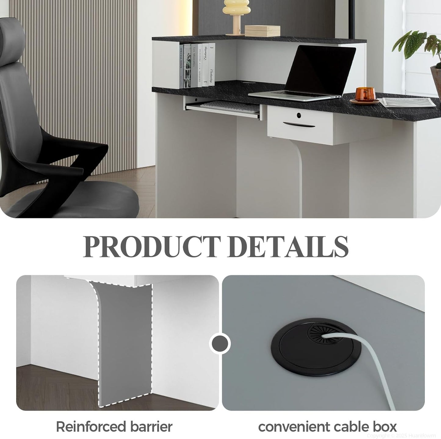 L Shape Reception Desk with Counter, Lockable Drawer, Keyboard Tray, and Double-Layer Storage for Salon, Office, or Clinic (White+Black/Left, 71" L*24" W*39" H)