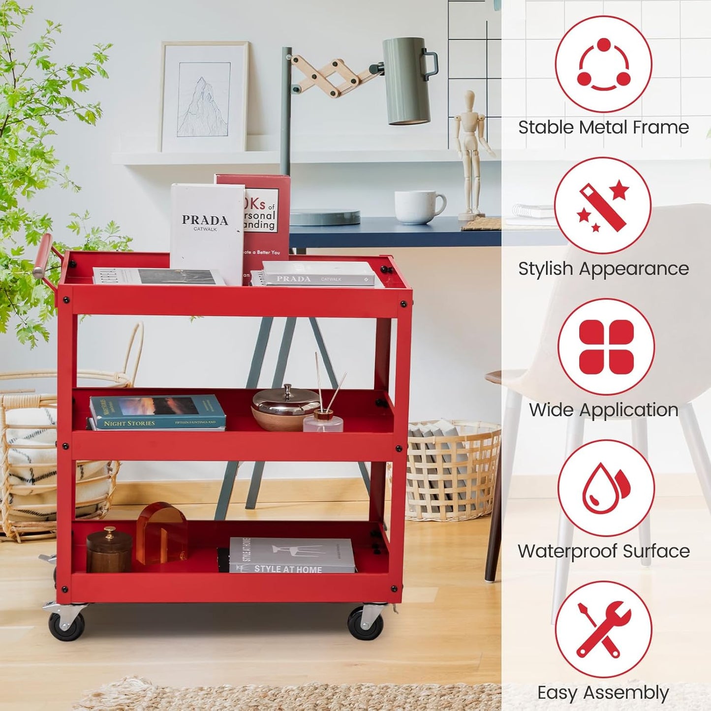 Goplus 3-Tier Utility Cart, Heavy Duty Commercial Service Tool Cart w/Lockable Wheels, 330lbs Load Capacity, Ergonomic Handle, Rolling Mechanic Tool Cart Storage Organizer for Warehouse Garage Red