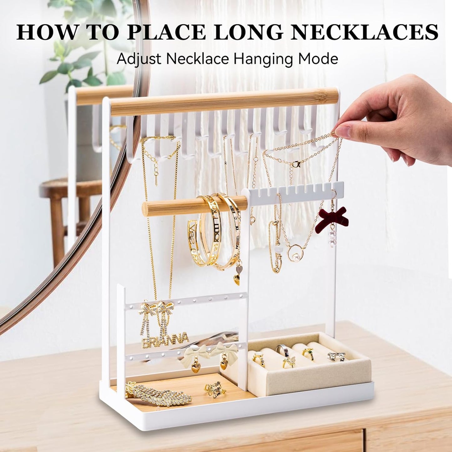 DreamGenius Jewelry Organizer Stand with Velvet Ring Holder, 4 Tier Jewelry Holder Organizer with 15 Hooks for Necklaces and 16 Holes for Earrings, White