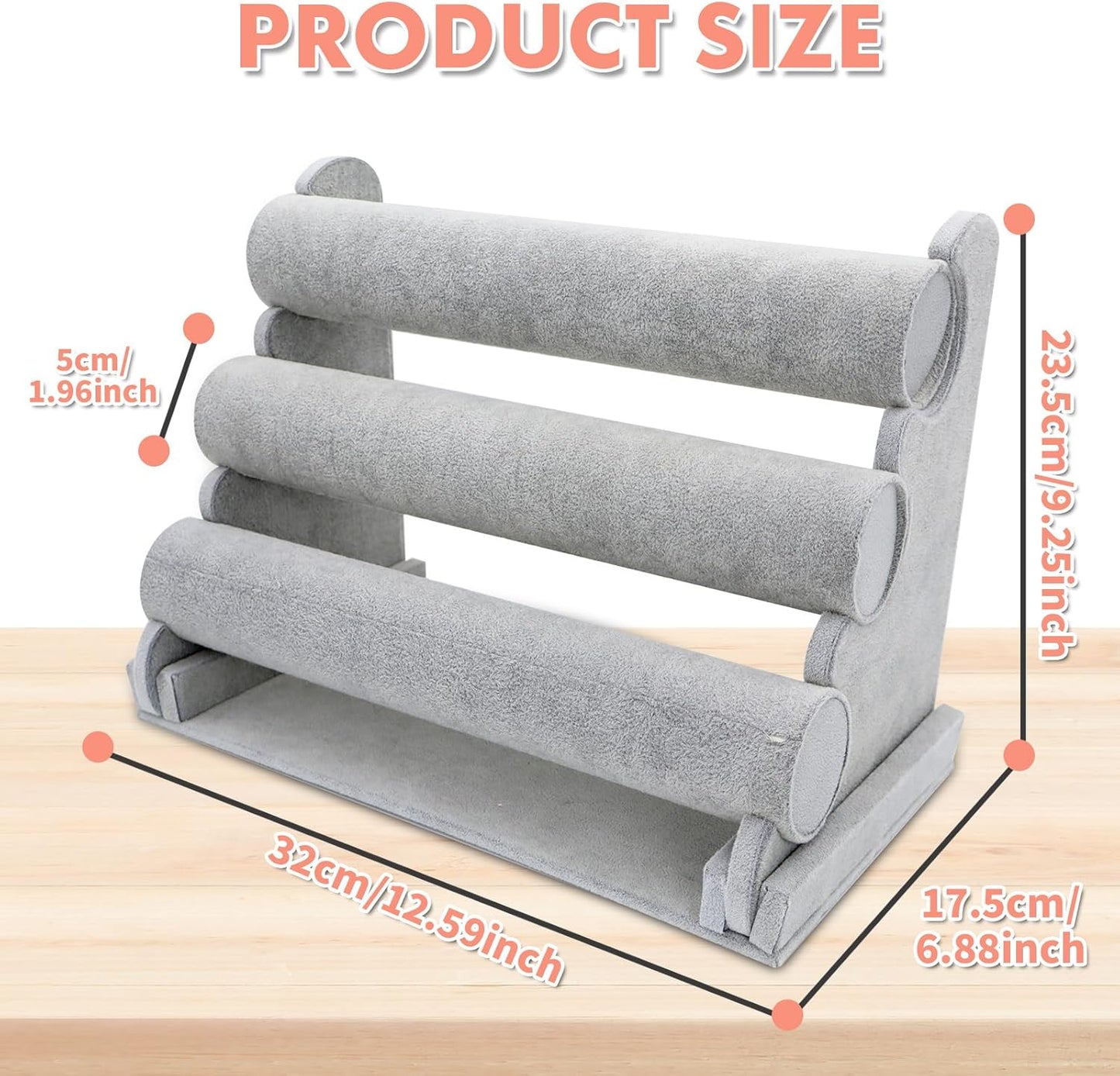 Barelove Velvet Bracelet Holder with 3 Tier Rack, Grey T-Bar Storage Organizer Detachable Display Stand for Necklace Watch Bangles Bracelets Scrunchies Organization Showcase