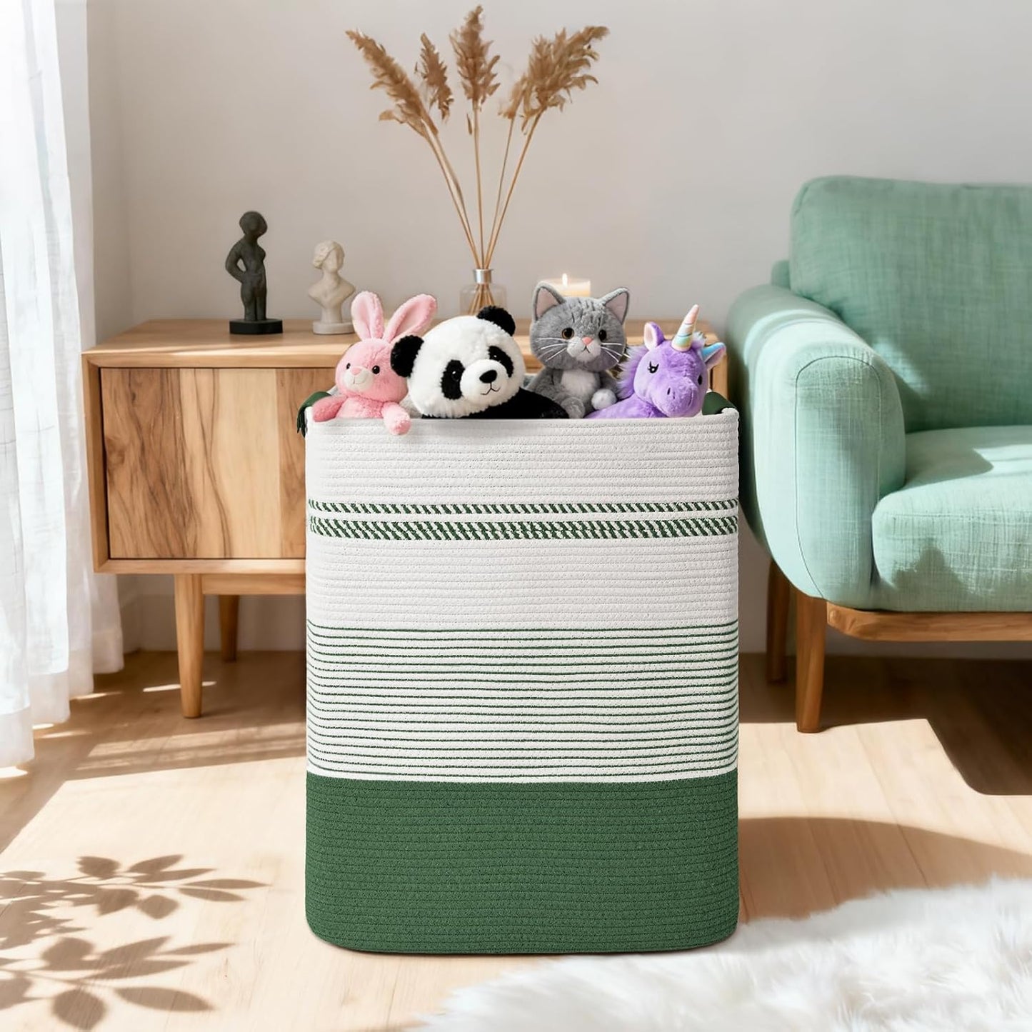 Laundry Hamper, 85L Tall Laundry Basket with Leather Handles, Rectangle Large Clothes Hamper for Organizing, Cotton Woven Laundry Baskets Storage Hampers for Bedroom, Nursery, Living Room