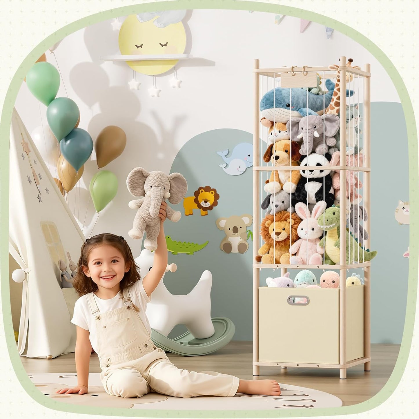 Stuffed Animal Storage Organizer - Large Wooden Toy Organizer with Drawer for Nursery, Bedroom, Kidroom, Natural Pine Material, Space-Saving