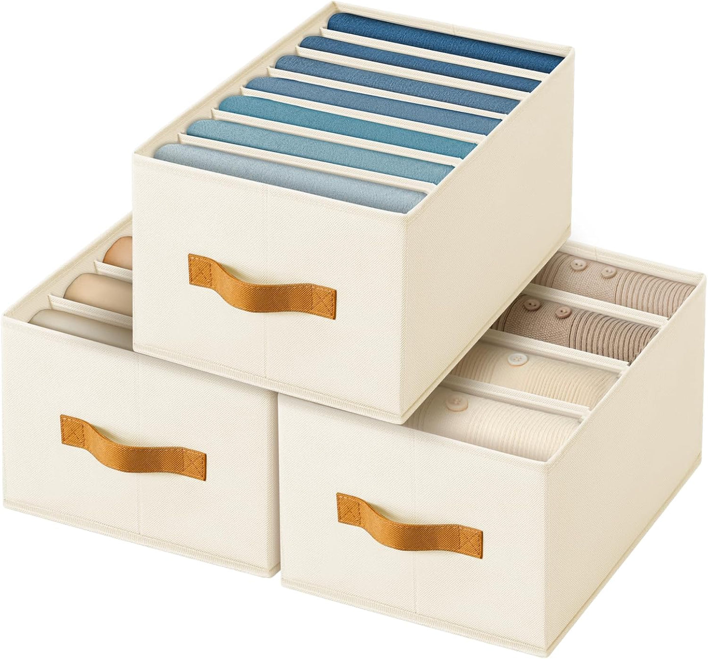 Clothes Organizers and Storage - 4/5/7 Grids Fabric Jeans Organizer with Handles, Foldable Closet Organizers Dividers, Wardrobe organizer for Pant, Sweater, T-shirt, Scarf, 3 Pack, Beige