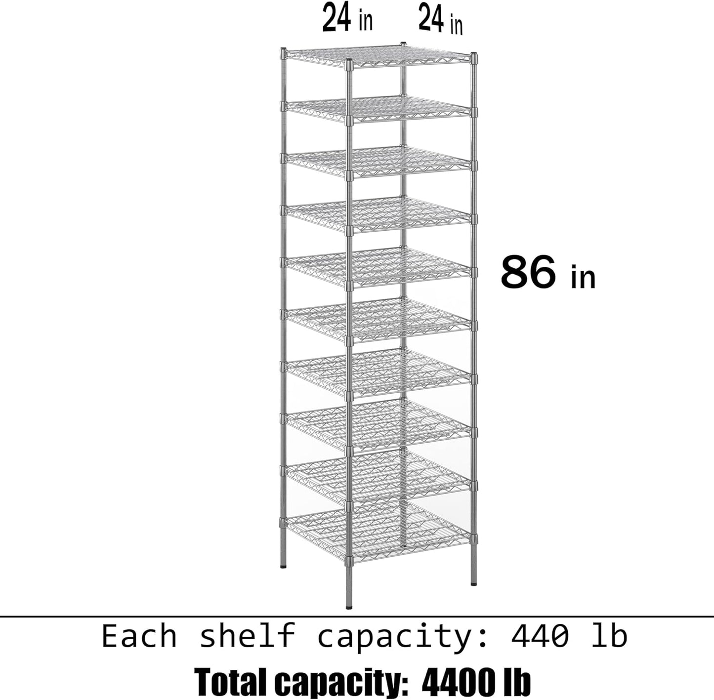 24" Deep x 24" Wide x 86" Height Wire Shelving Kit | 10-Tier | NSF Commercial Storage Rack Unit