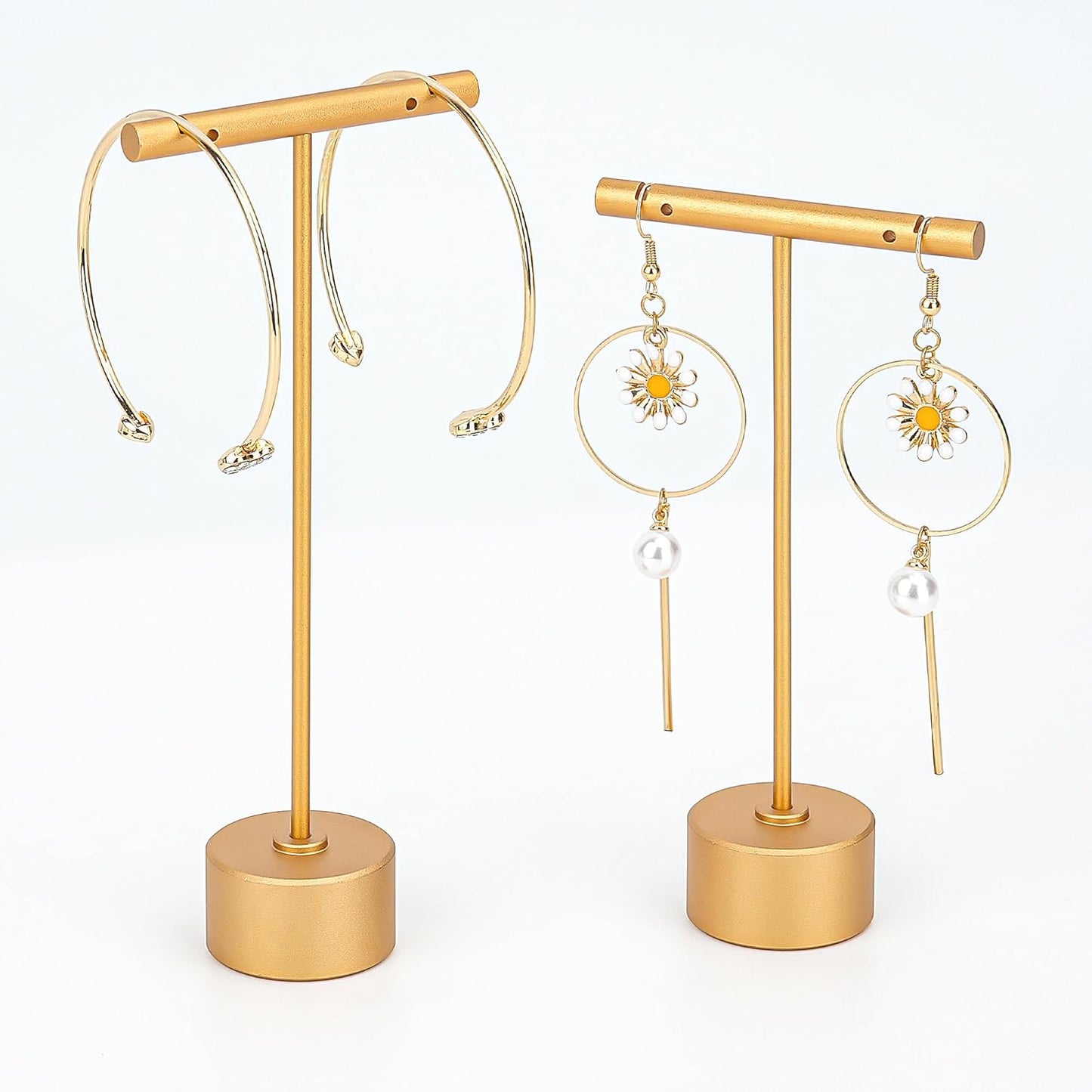 Metal Earring Stand Display Round Base Earring T Bar Display Necklace Bracelet Ring Ear Studs Jewelry Display Rack for Vendors Photography and Showcase, Gold 2pcs Height 5.31" and 4.52"
