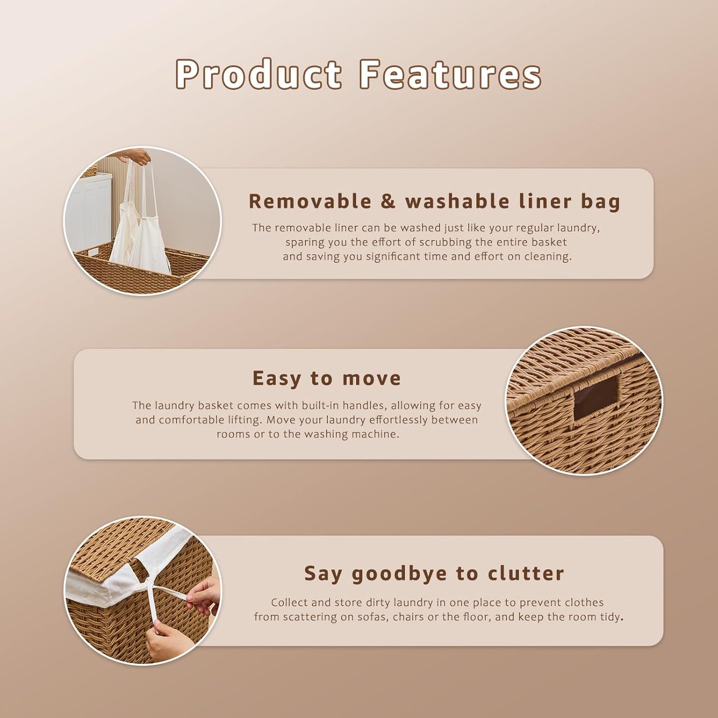 Laundry Hamper with Lid and Removable Liner Bag, Handwoven Rattan Clothes Hamper with Heightened Feet, Wicker Laundry Basket for Clothes and Towels，Small