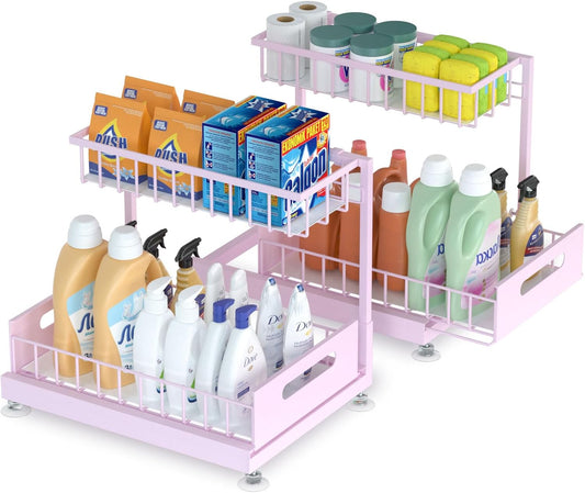 2 Pack Under Sink Organizer Storage 2-Tier Premium Metal Pull-Out Racks, Height Adjustable, Easy Installation | Kitchen & Bathroom Organizers