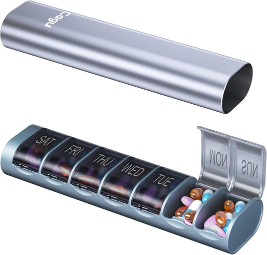 Weekly Pill Organizer, 7-Day Aluminum Case with Pop-up Design,Arthritis Friendly, Large Capacity for Vitamins Supplements and Medication, BPA Free (Gray)