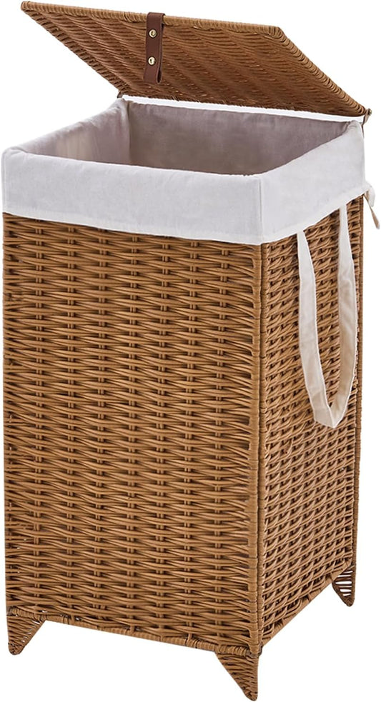 Laundry Hamper with Lid and Removable Liner Bag, Handwoven Rattan Clothes Hamper with Heightened Feet, Wicker Laundry Basket for Clothes and Towels，Small