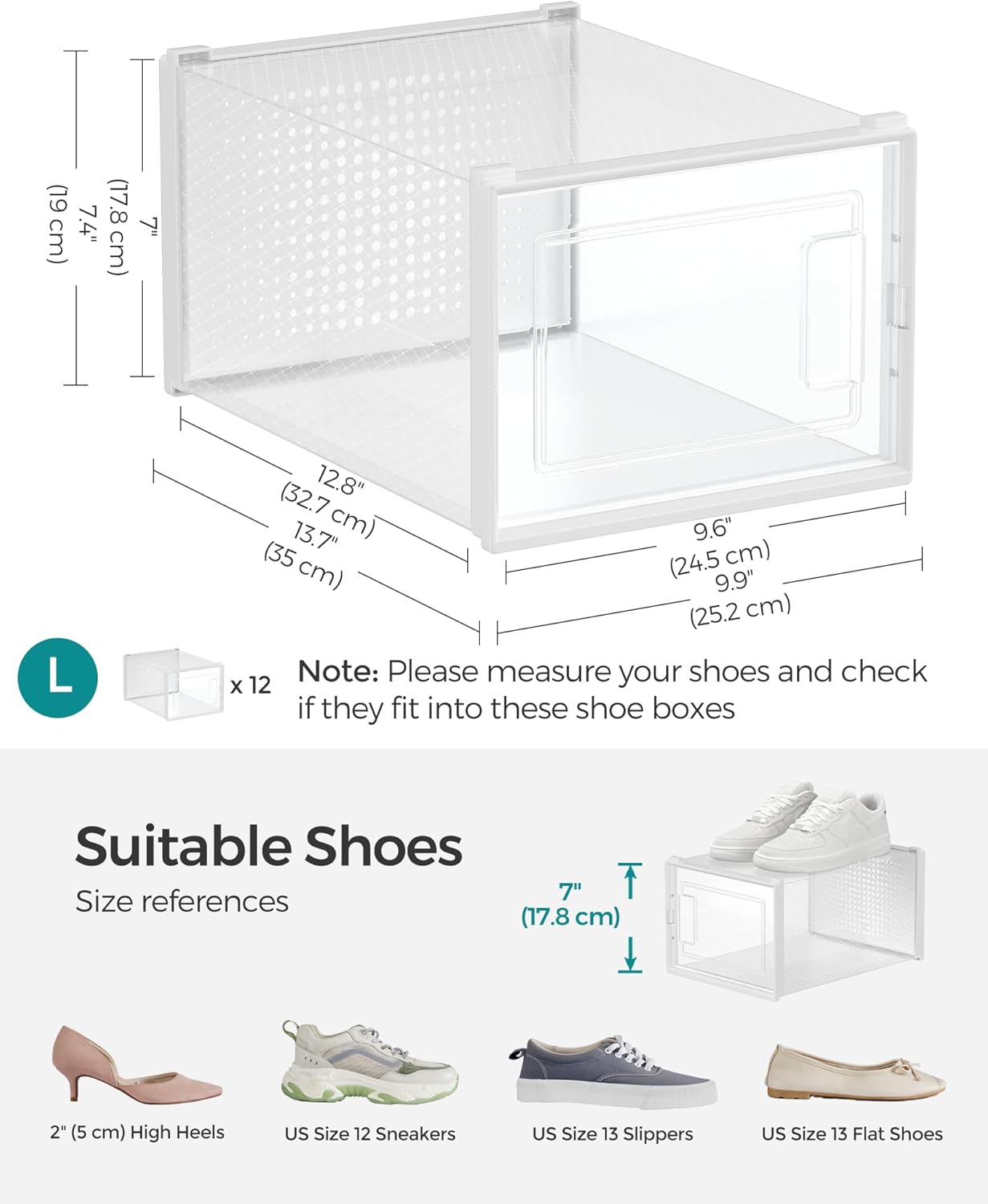 SONGMICS Shoe Boxes, Pack of 18 Shoe Storage Organizers, Stackable Clear Plastic Boxes for Closet, Sneakers, 13.7 x 9.9 x 7.4 Inches, Transparent and White ULSP18MWT