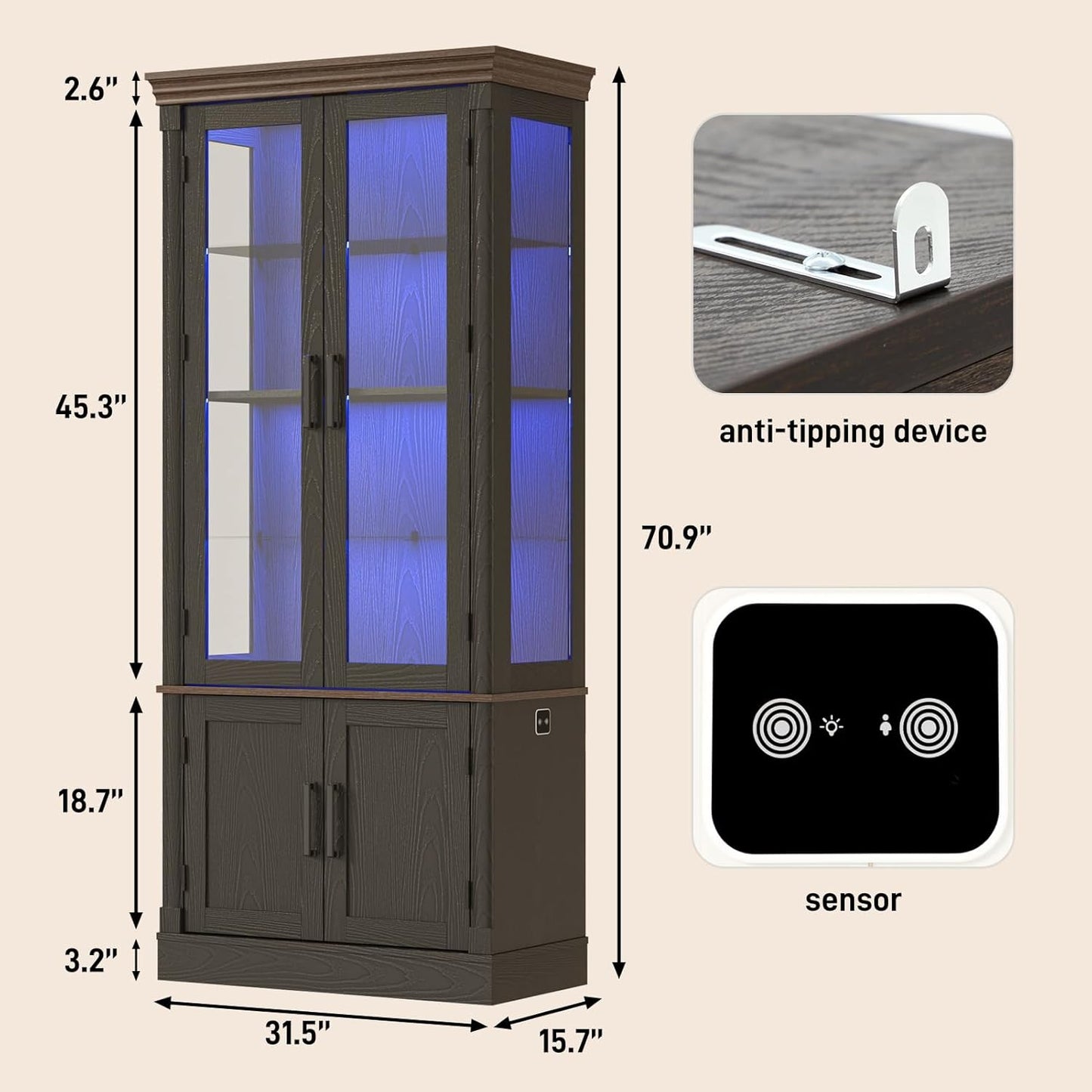 St.Mandyu 71" Tall Display Cabinet with Glass Doors, 4-Tier Lighted Curio Cabinets with 2 Storage Doors and Metal Handle for Living Room, Home, Kitchen, Black