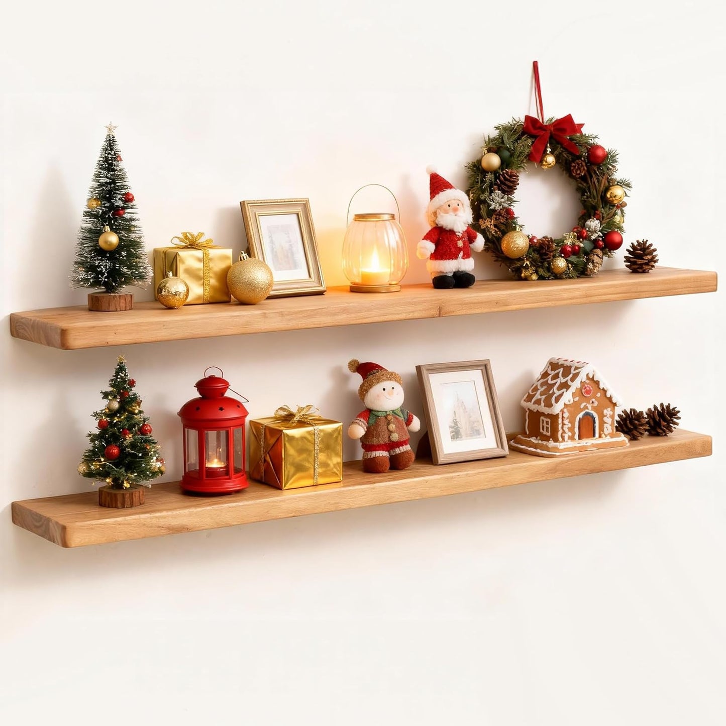 Fun Memories Rustic Elm Wood Floating Shelves, Wooden Wall Shelves 40 Inch Long Set of 2, Heavy-Duty Bathroom Shelf for Wall, Solid Wood Storage Shelf for Kitchen, Bedoom, Office