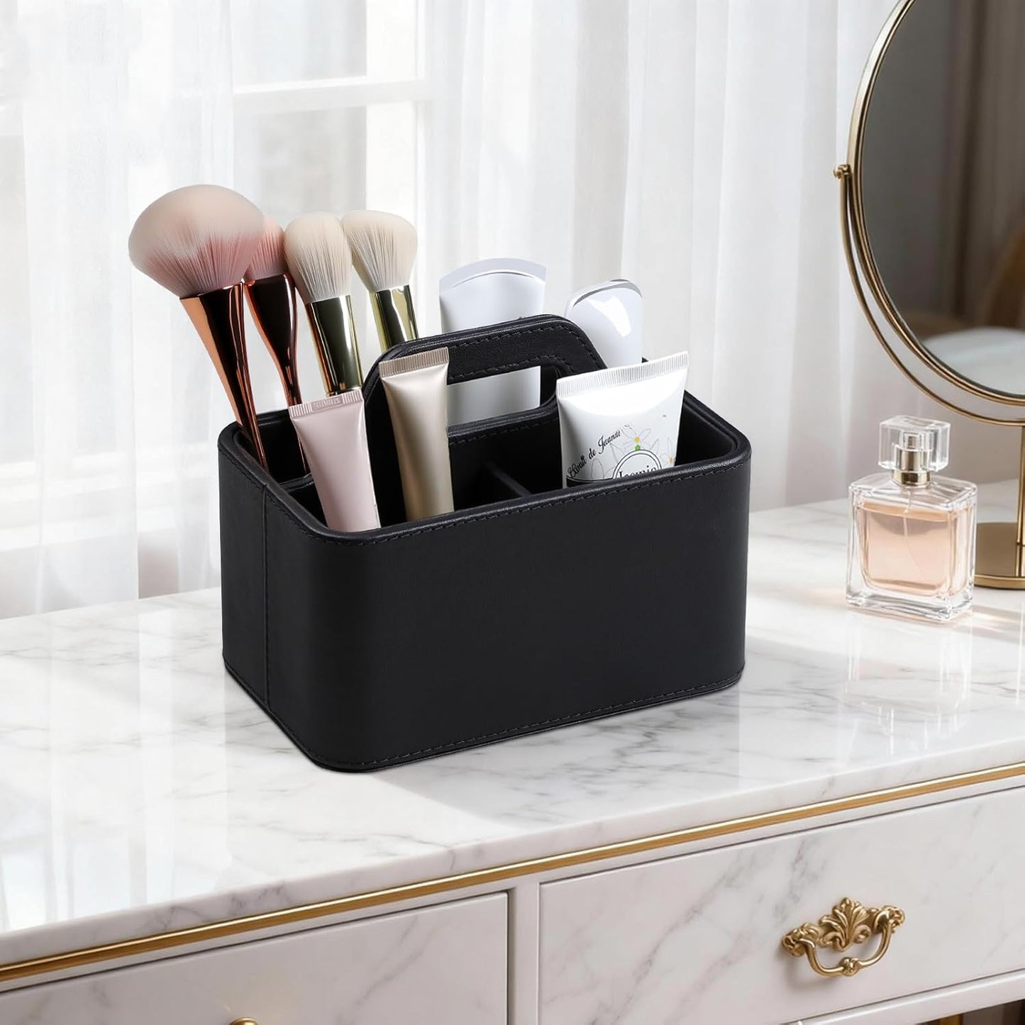 Caddy Organizer with Handle, PU Leather Remote Control Holder Desk Caddy, Portable Makeup Office Supply Organizer for Bathroom, Nightstand, Dresser (Black)