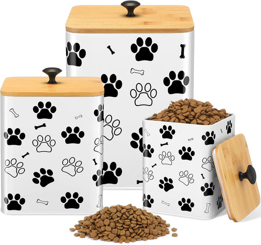 Airtight Dog Food Containers with Bamboo Lids, Metal Dog Treat Jars Canisters for Kibble, Biscuits, Snacks, Cookies, Pet Food Storage Set for Kitchen Counter Christmas Gift(White)