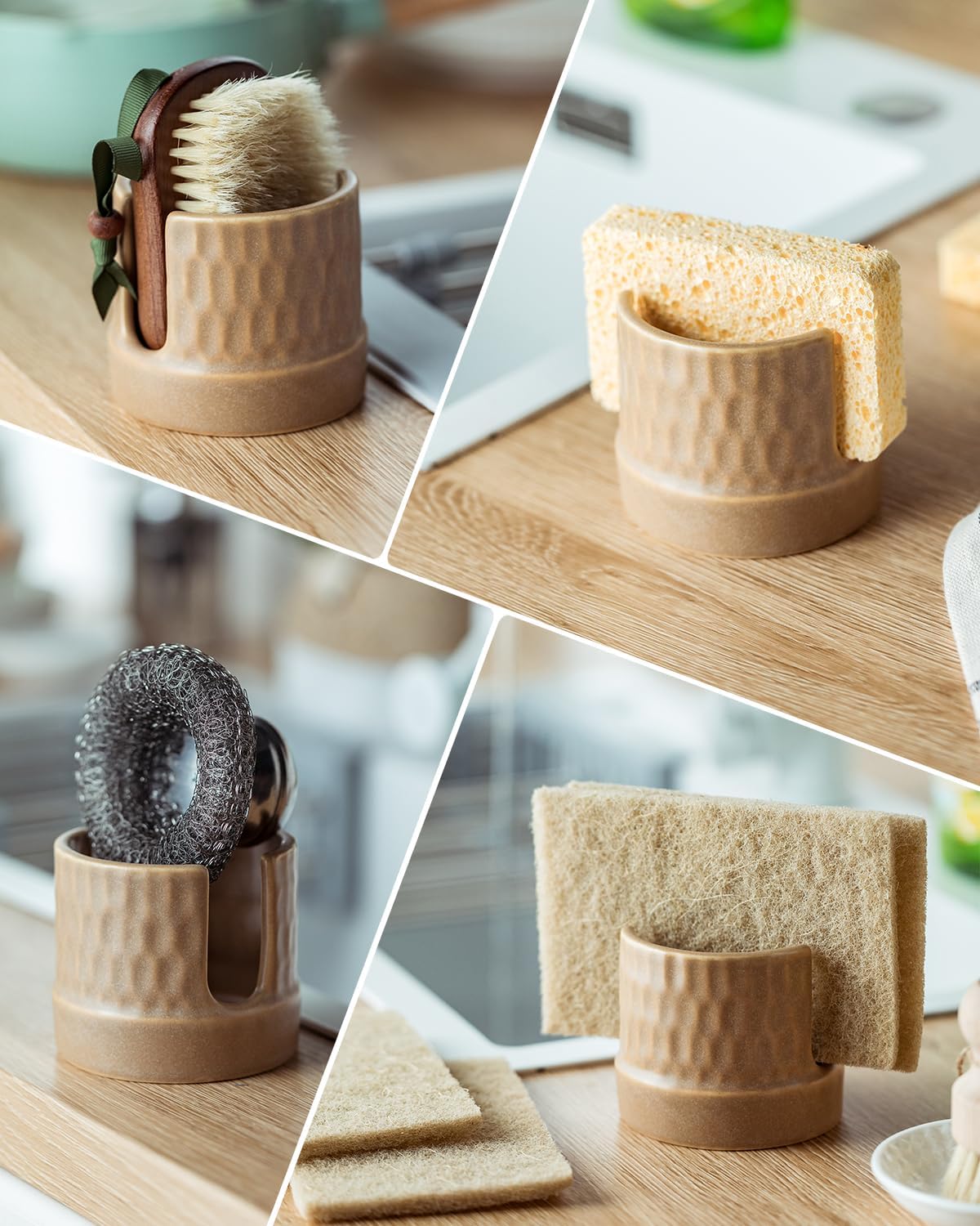 Sponge Holder for Kitchen Sink, Ceramic Sink Caddy Scrub Sponge Tray Dish Rack for Scrubbers, Kitchen Organizer, Brown