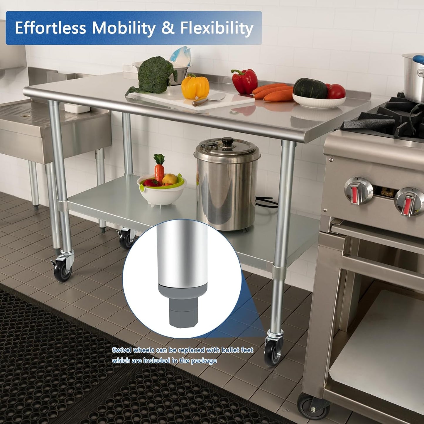 HARDURA Stainless Steel Table 24 x 48 Inches with Wheels Casters NSF Heavy Duty Commercial Prep Table with 2” Backsplash and Adjustable Undershelf for Restaurant Kitchen Home and Hotel