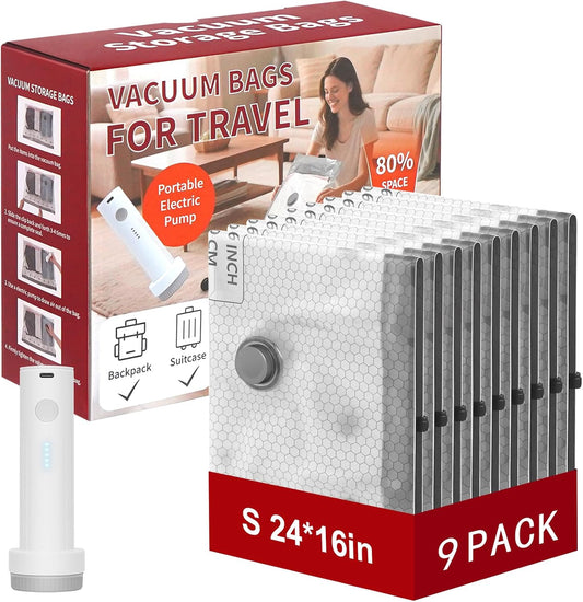 Rechargeable Wireless Pump Travel Storage Bags Set, 9 Pack (9S) Portable Space Saver Bags for Travel & Home, Vacuum Compression Packing Seal for Clothes, Blankets, Home Seasonal Storage