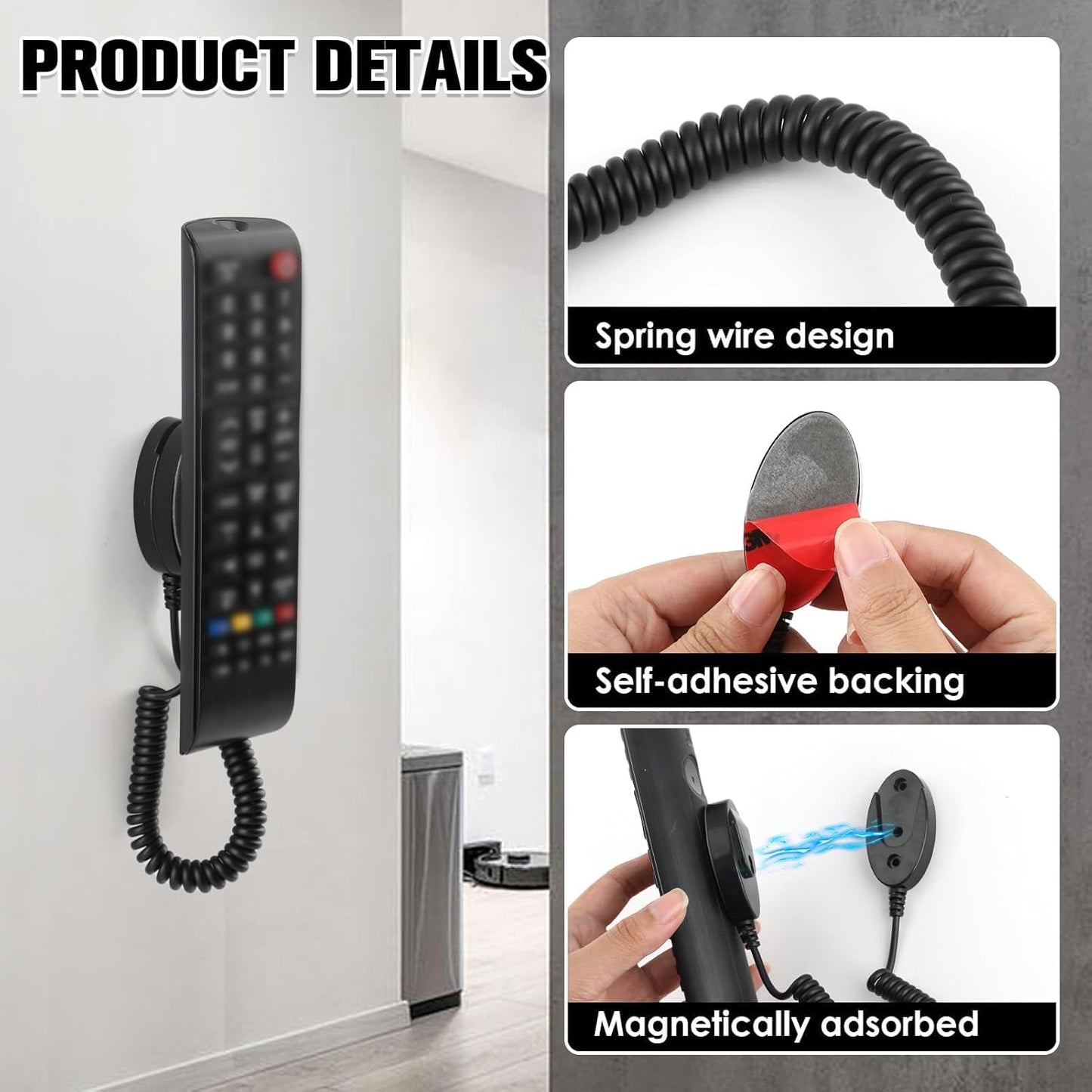 Magnetic Remote Leash Control Holder with Security Cable, Retractable Tidy Anti-lost Rope Organizer Easy Installation Stable Suitable for Projector TV Fan and Air Conditioner Remotes (2Pcs Black, S)