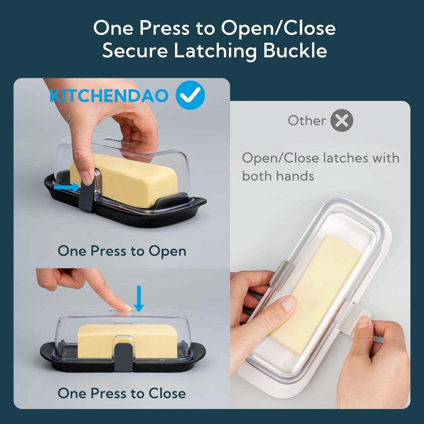 KITCHENDAO Airtight Butter Dish with Lid for Countertop and Refrigerator Door Shelf, Butter Holder with One Press to Open/Close Secure Latching Buckle, Butter Keeper for West/East Coast Butter (Black)