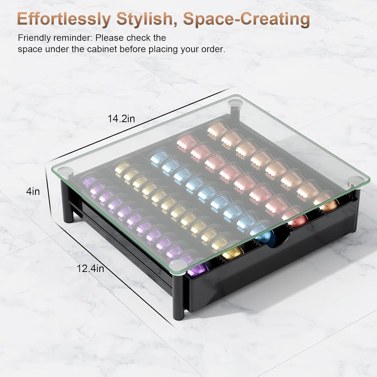 Coffee Pod Drawer Organizer with Tempered Glass Lid - Compatible with Nespresso Vertuo, Holds Up to 60 Small or 40 Large Capsules (Glass)
