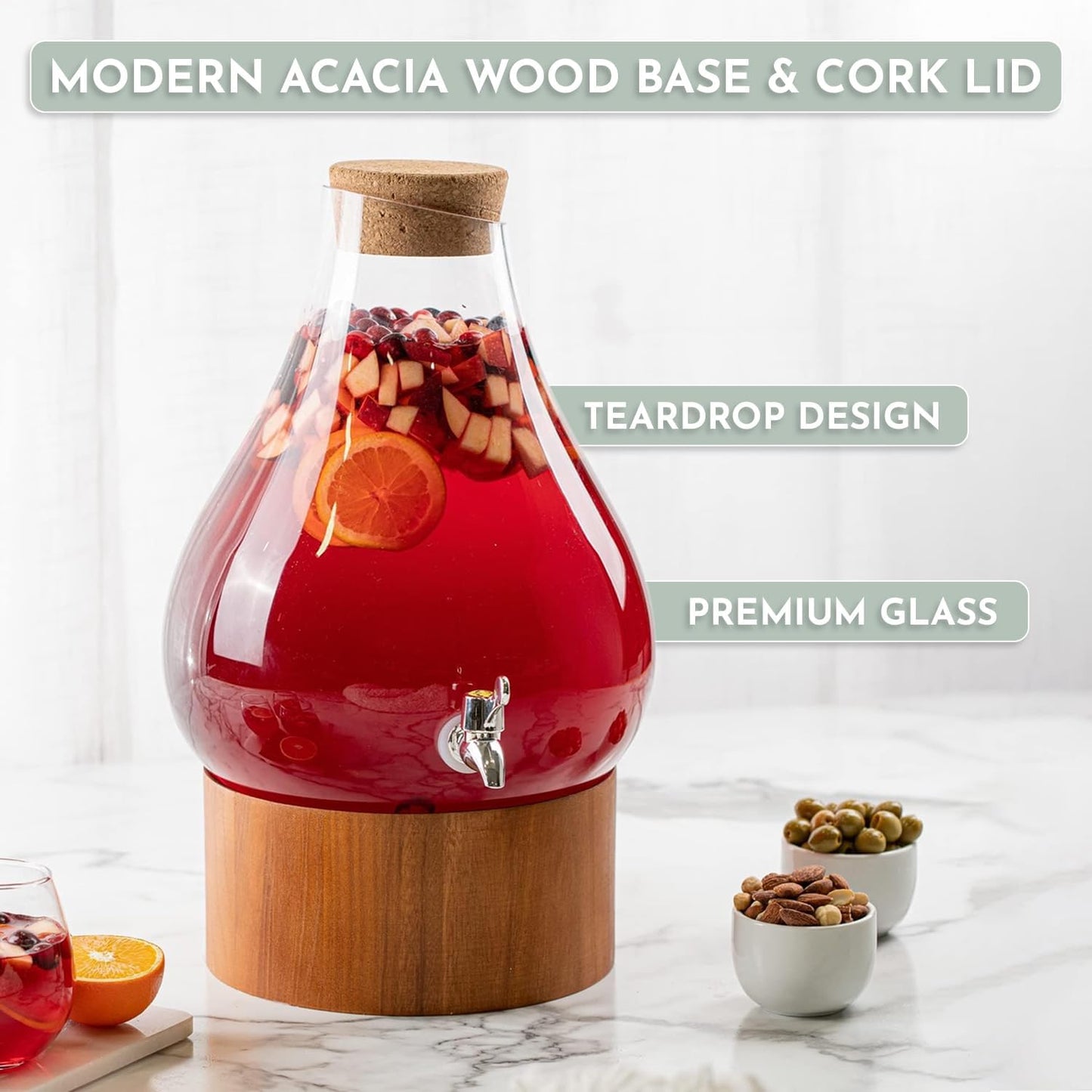 Classic Home Teardrop Clear Glass Ice Cold Beverage Drink Dispenser- 2.75 Gallon, With Cork Lid & Modern Wood Base Leak Proof Spigot- Wide Mouth Easy Filling For Outdoor, Parties & Daily Use