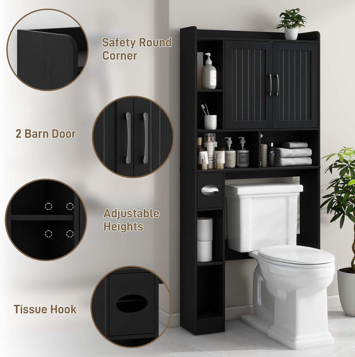 Vabches Over The Toilet Storage Cabinet, Farmhouse Storage Cabinet Over Toilet with Barn Door, Home Space-Saving Toilet Rack, for Bathroom, Restroom, Laundry（Black）.