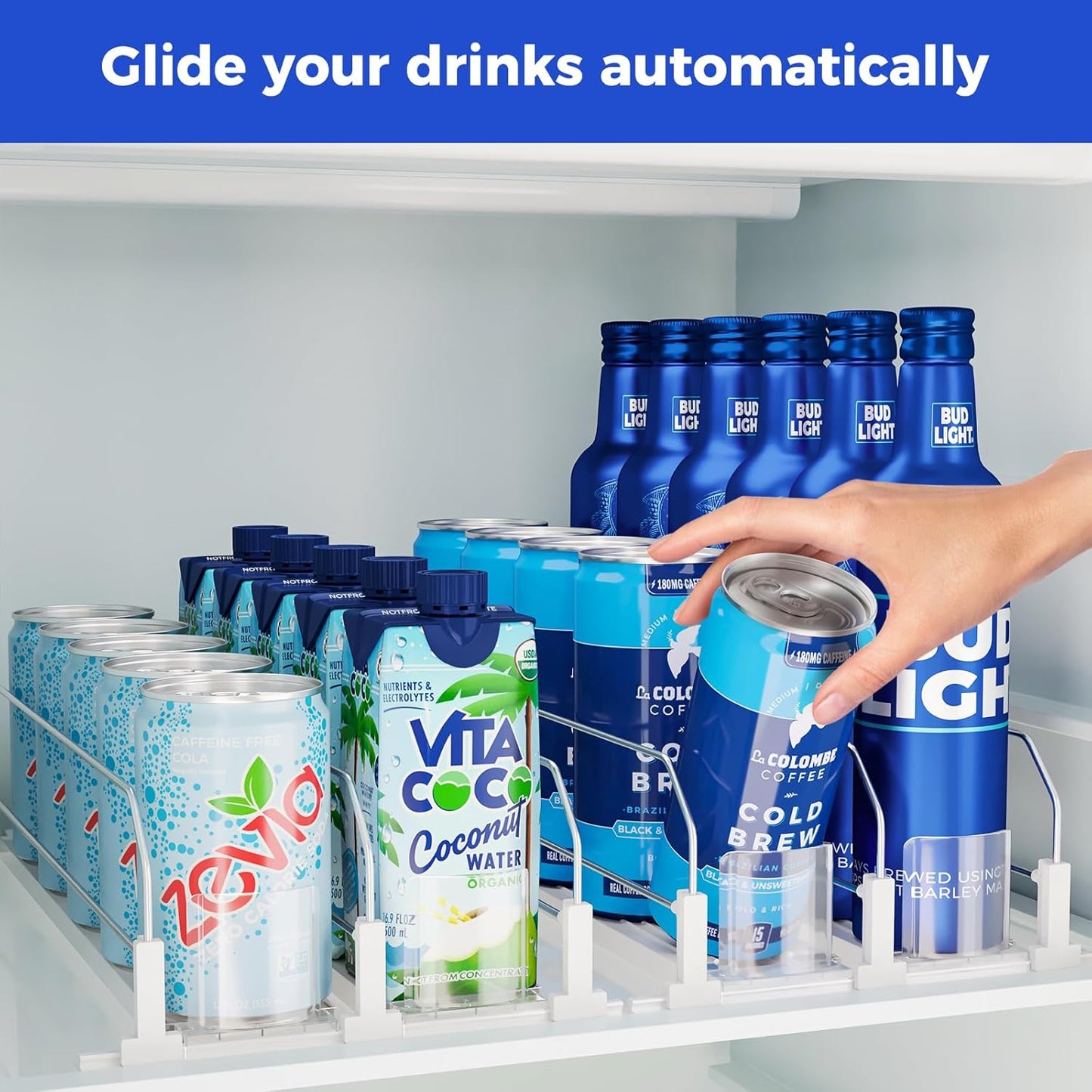 Puricon Drink Organizer for Fridge Pusher Glide, Spring Loaded Fridge Drink Dispenser, Self Pushing Soda Can Organizer for Refrigerator, Beer Bottle Beverage Organizer Drink Holder -2 Rows, White