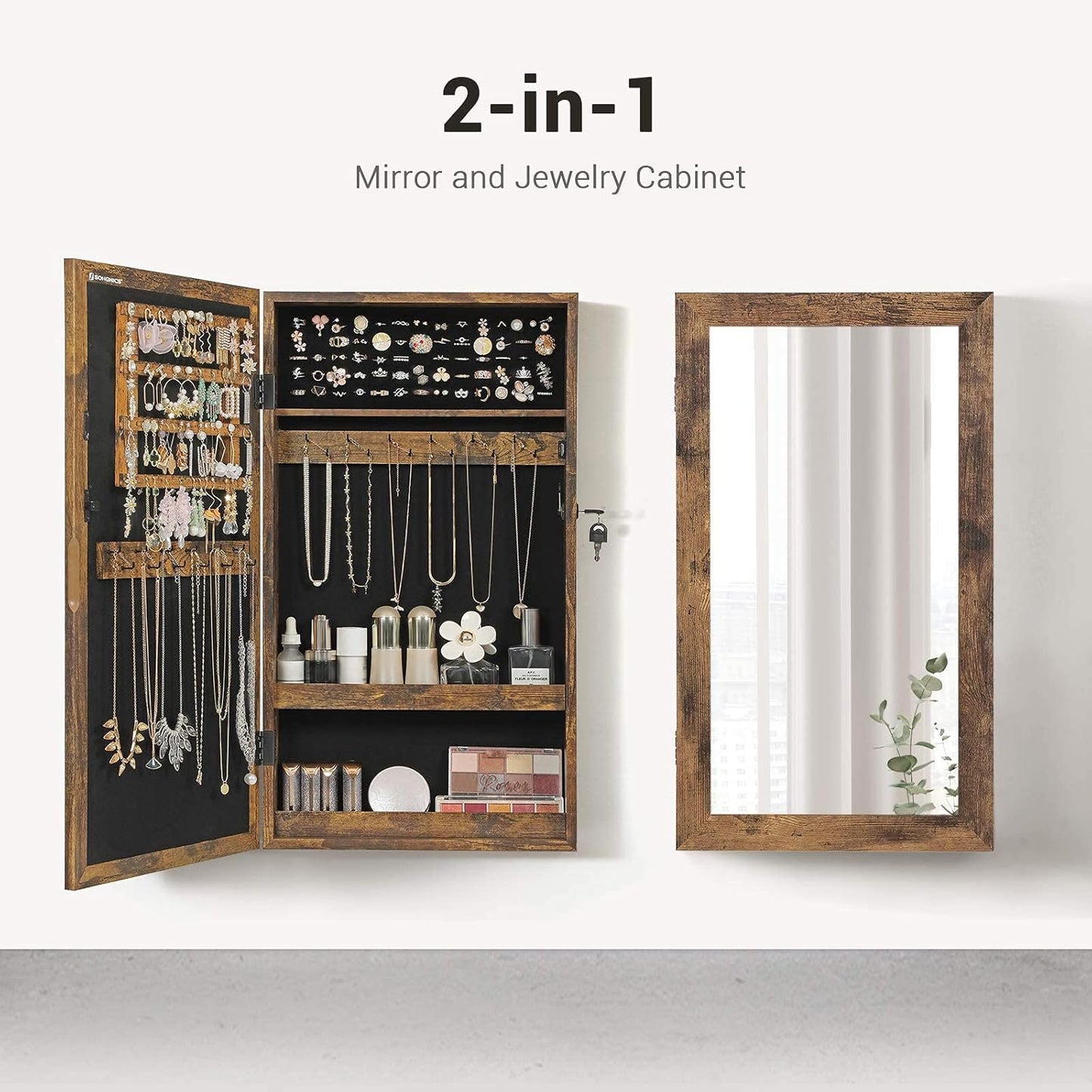 SONGMICS Lockable Jewelry Cabinet Armoire with Mirror, Wall-Mounted Space Saving Jewelry Storage Organizer, Christmas Gift, Rustic Brown UJJC051K01