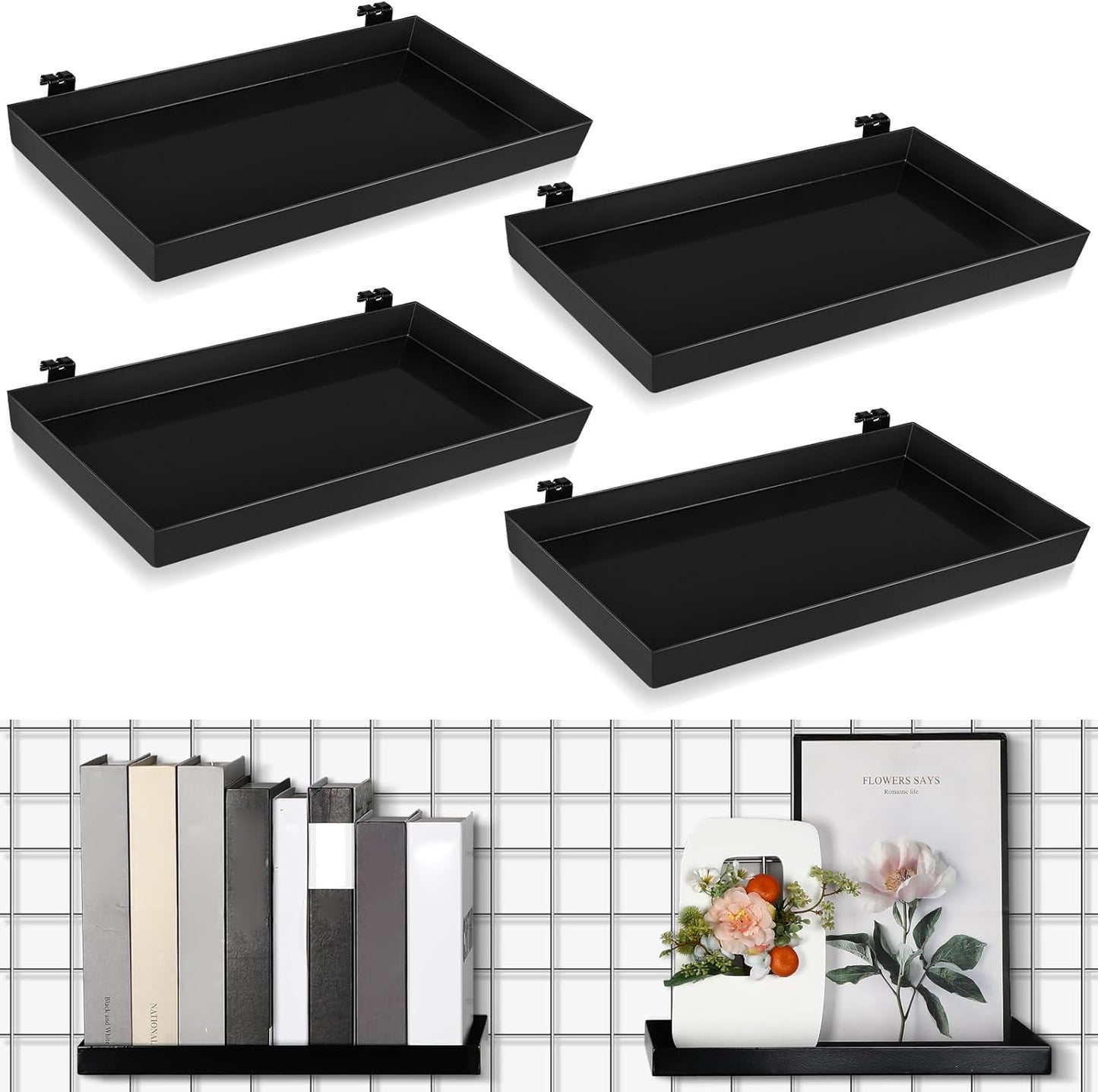 Coume 4 Pcs Grid Panel Display Shelf 11.8 x 7.87 Inch Metal Display Rack Gridwall Shelving Wall Organizer Grid Wall Panels Hanger Accessory for Crafts Room, Garage, Workbench, Office, Retail