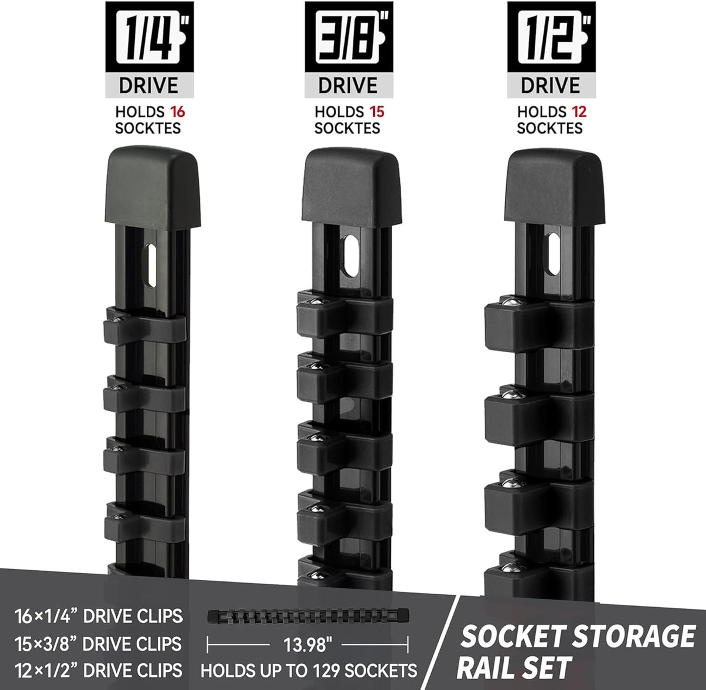 Socket Organizer Drive ABS Tools - Black Socket Holder, Premium Quality 3 Pieces Socket Holders Kit 1/4-Inch x 16 Clips, 3/8-Inch x 15 Clips, 1/2-Inch x 12 Clips(3PC,Black)